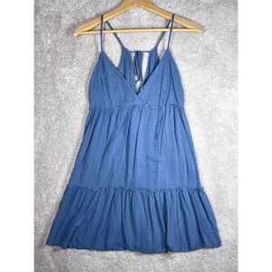 Forever 21‎ Blue Swiss Dot Mini Dress M Sleeveless V Neck Tie Back Boho Coastal